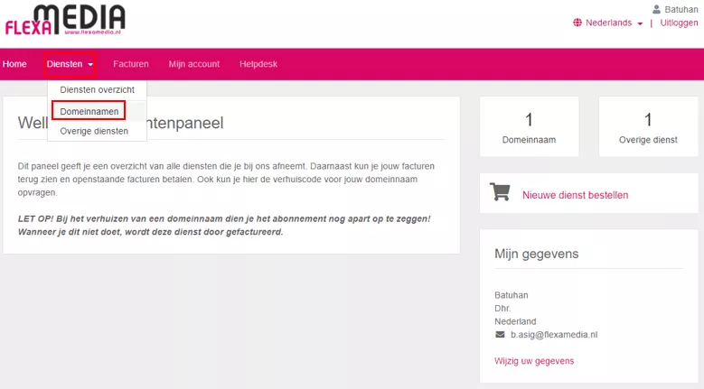 Waar vind ik de verhuiscode van mijn domeinnaam terug?